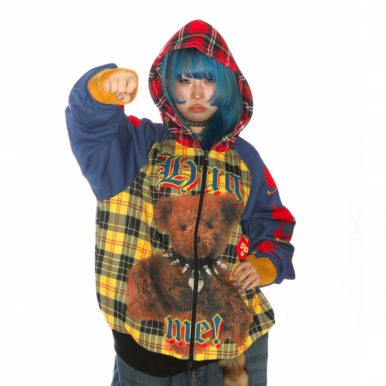 Bear Print Plaid Patch Hoodie WN22269