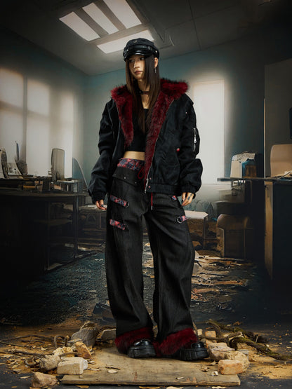 PU Leather Cropped Fake Fur Hooded Padded Jacket WN22759