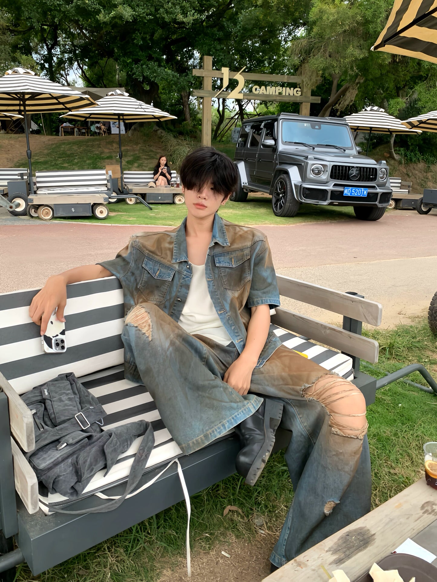 Damage Washed Denim Jacket & Wide Leg Denim Jeans Setup WN19728