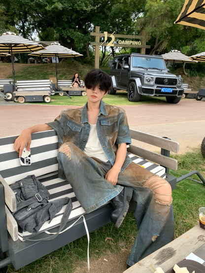 Damage Washed Denim Jacket & Wide Leg Denim Jeans Setup WN19728