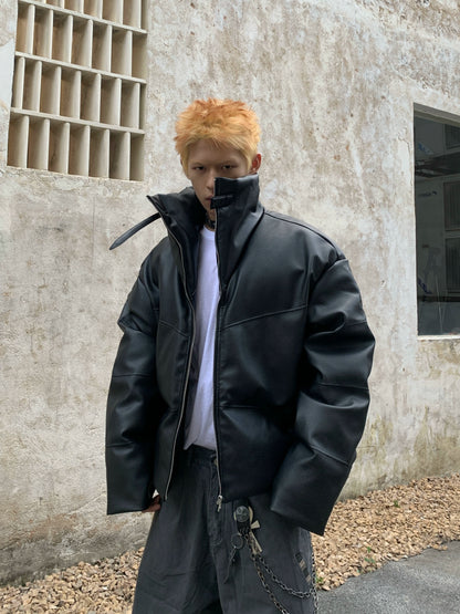 Stand Neck Short Thick PU Leather Puffer Jacket WN22233