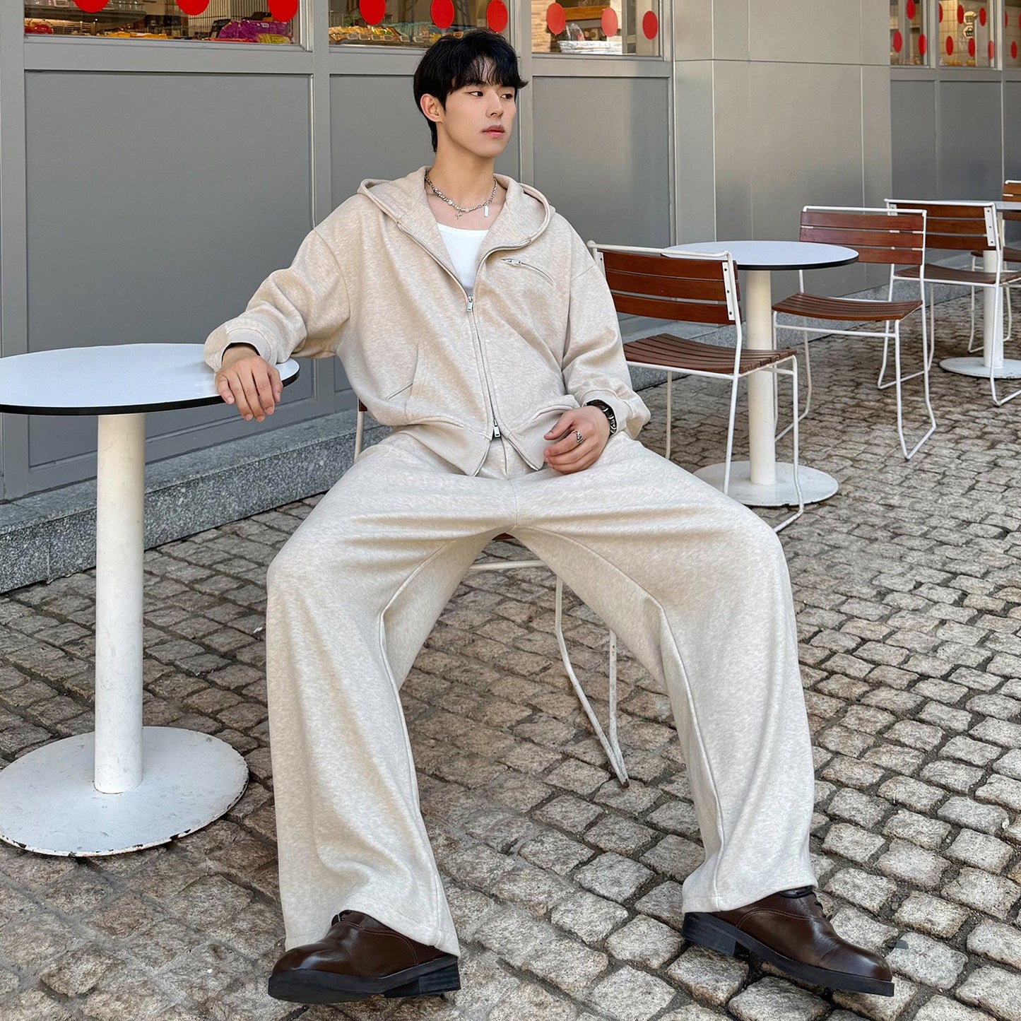 Zipper Hoodie & Pleats Wide Leg Sweatpants Setup WN25004