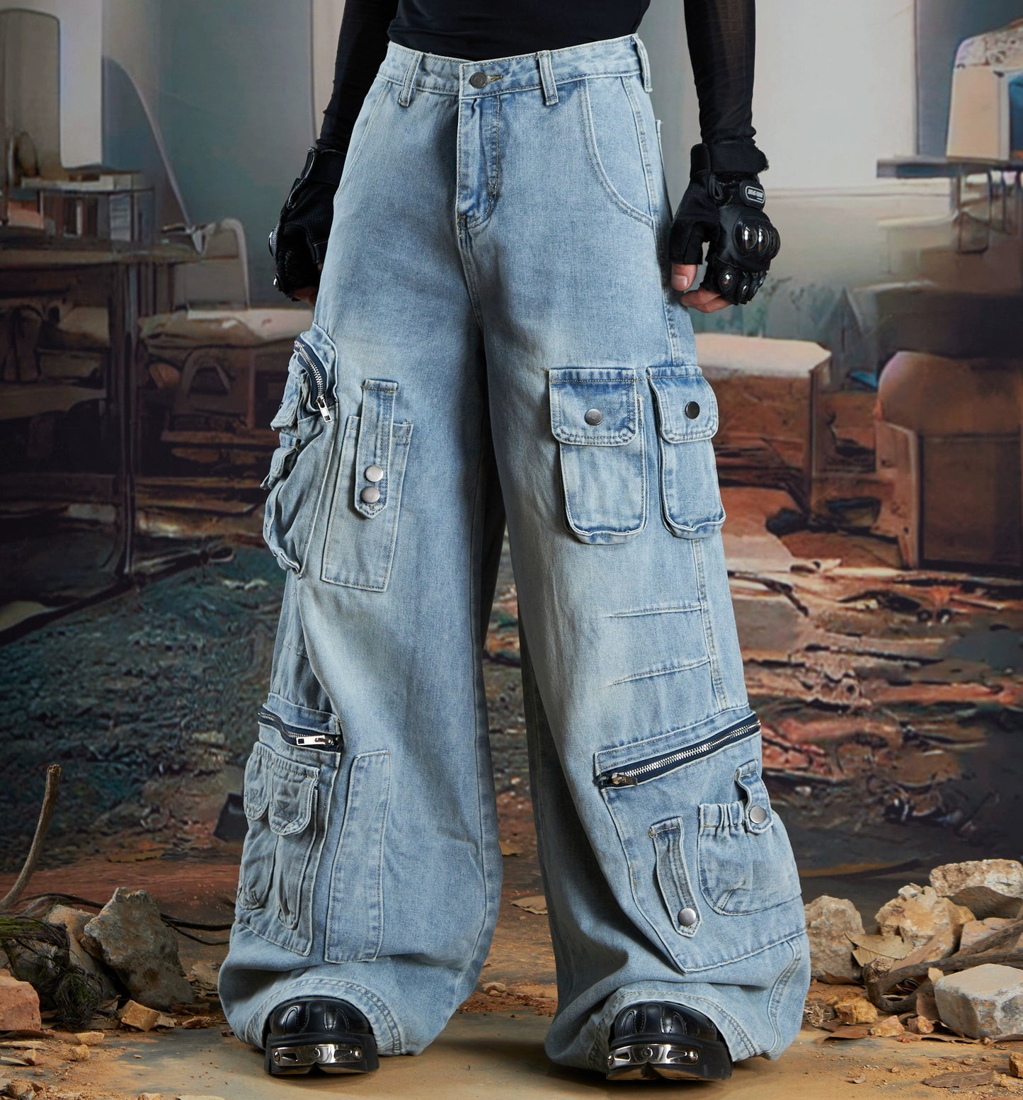 Multi-Pocket Washed Wide Leg Cargo Denim Jeans WN21341