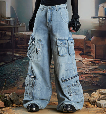Multi-Pocket Washed Wide Leg Cargo Denim Jeans WN21341