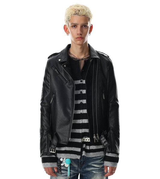 Diagonal Zipper Metal Stud Belt Short PU Leather Jacket WN27862