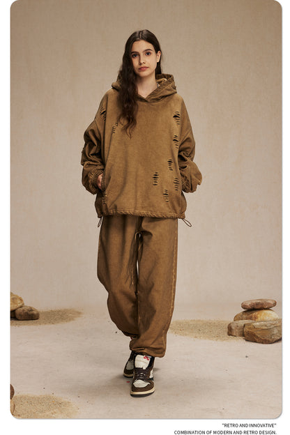 Oversize Drawstring Damage Hoodie WN9974