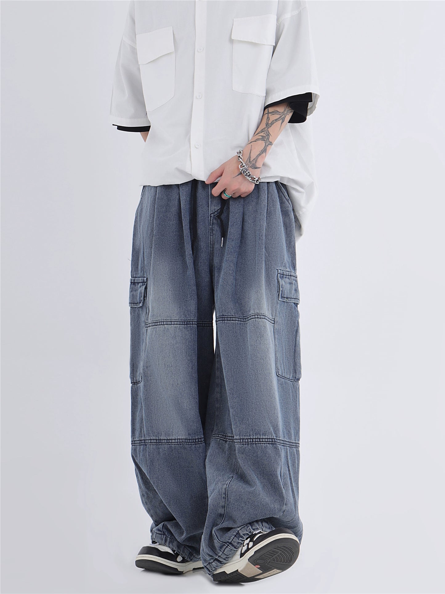 Drawstring Wide Leg Cargo Denim Jeans WN7237