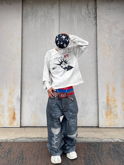 Damage Washed Wide Leg Denim Jeans WN24034