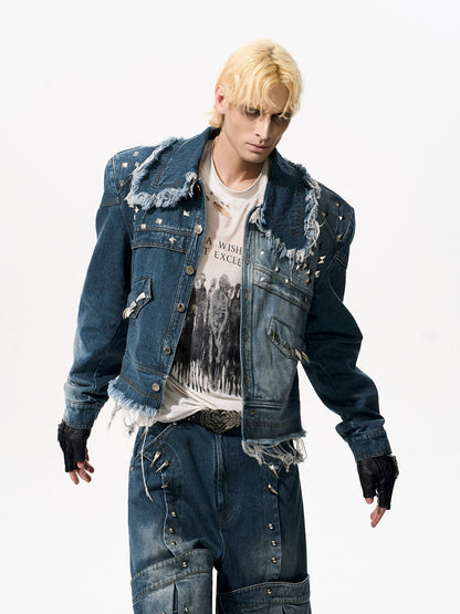 Deconstruction Rivet Design Washed Damege Denim Jacket & Denim Jeans Setup WN21969
