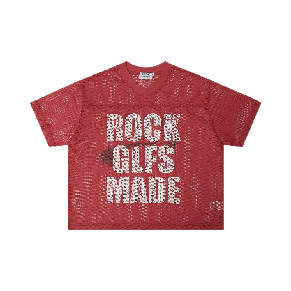Mesh Letter Print V-Neck Short Sleeve T-Shirt WN26482