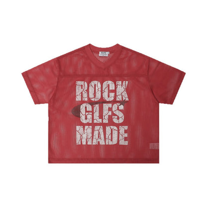 Mesh Letter Print V-Neck Short Sleeve T-Shirt WN26482