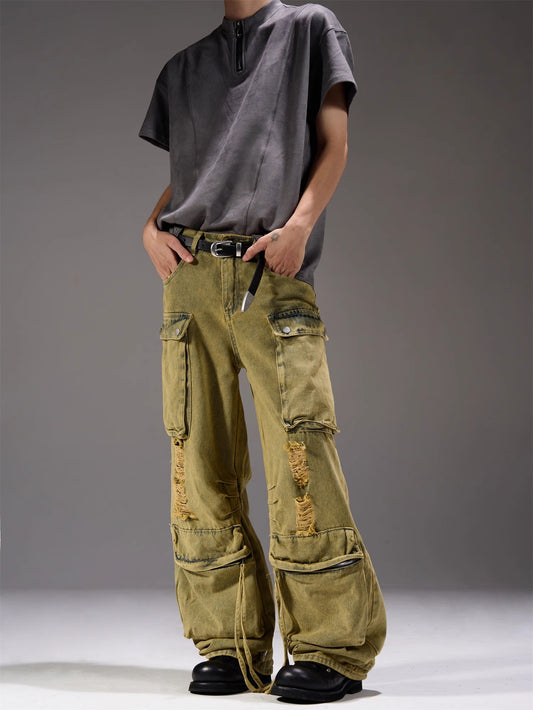 Yellow Mud Dyed Wide-Leg Straight Cargo Denim Jeans WN7270