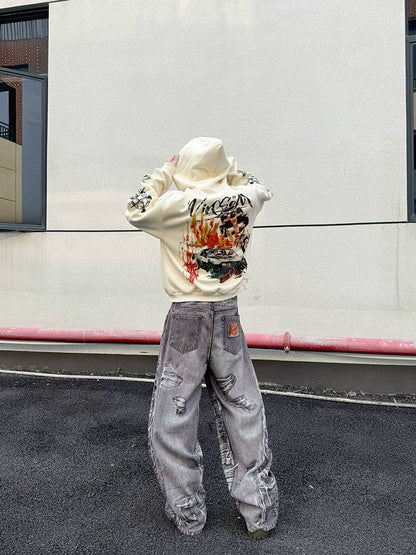 Heavy Graffiti Print Oversize Zipper Hoodie WN21155