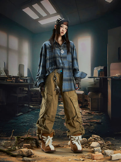 Plaid Color Block Print Oversize Long Sleeve Shirt WN20566