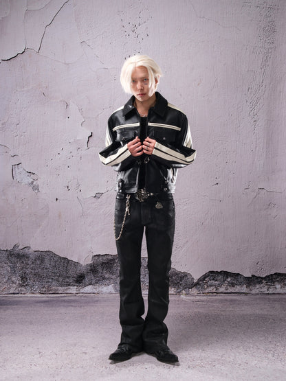 Stripe Embossed PU Leather Jacket WN26663