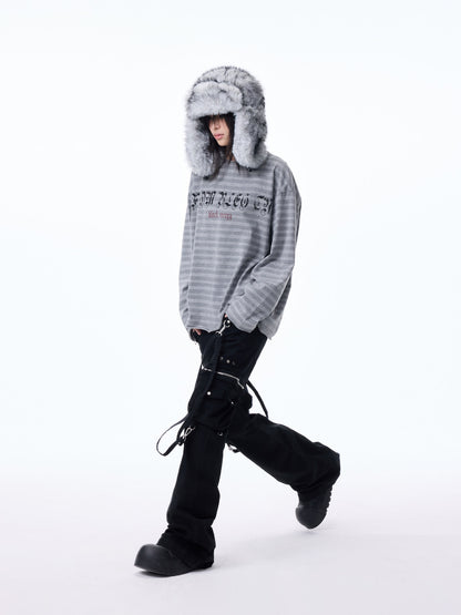 Raw Hem Striped Print Oversize Long Sleeve T-Shirt WN27318