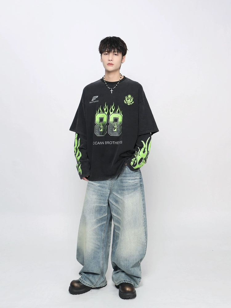 Graphic Print Fake Layered Long Sleeve T-Shirt WN21047