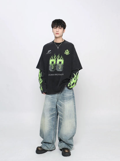 Graphic Print Fake Layered Long Sleeve T-Shirt WN21047