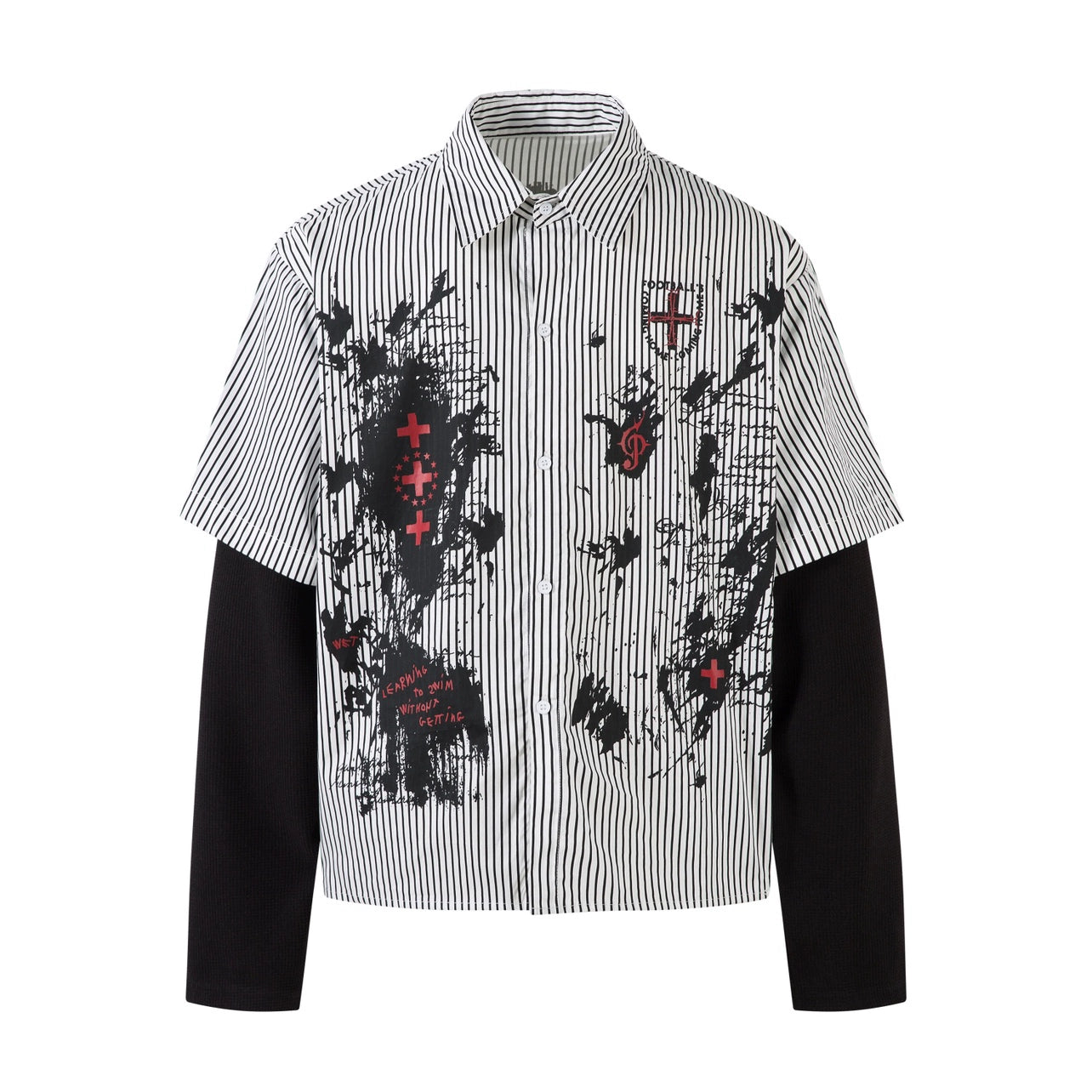 Graffiti Gothic Print Fake Layered Long Sleeve Shirt WN21028