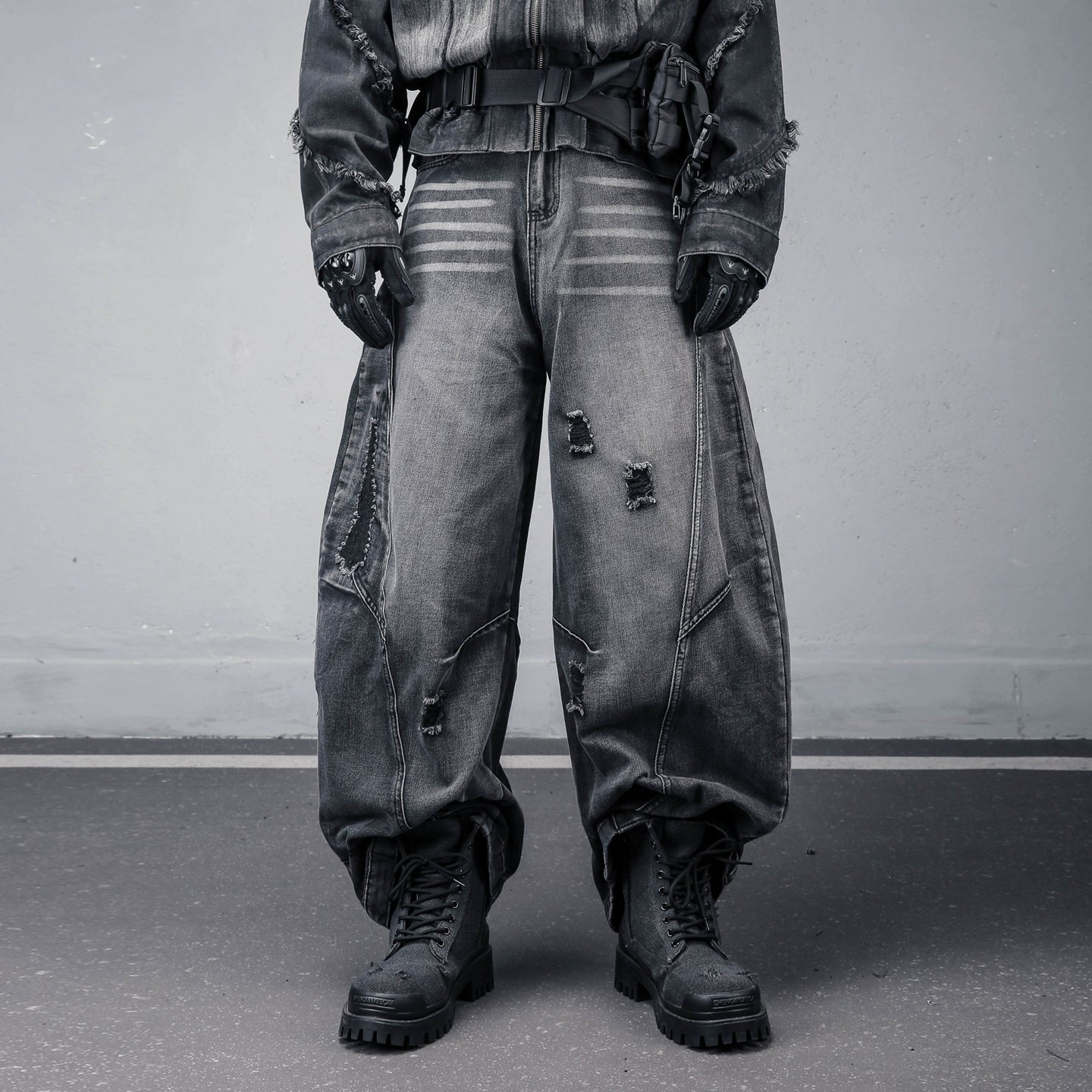 Damage Wash Wide Leg Denim Jeans WN22307