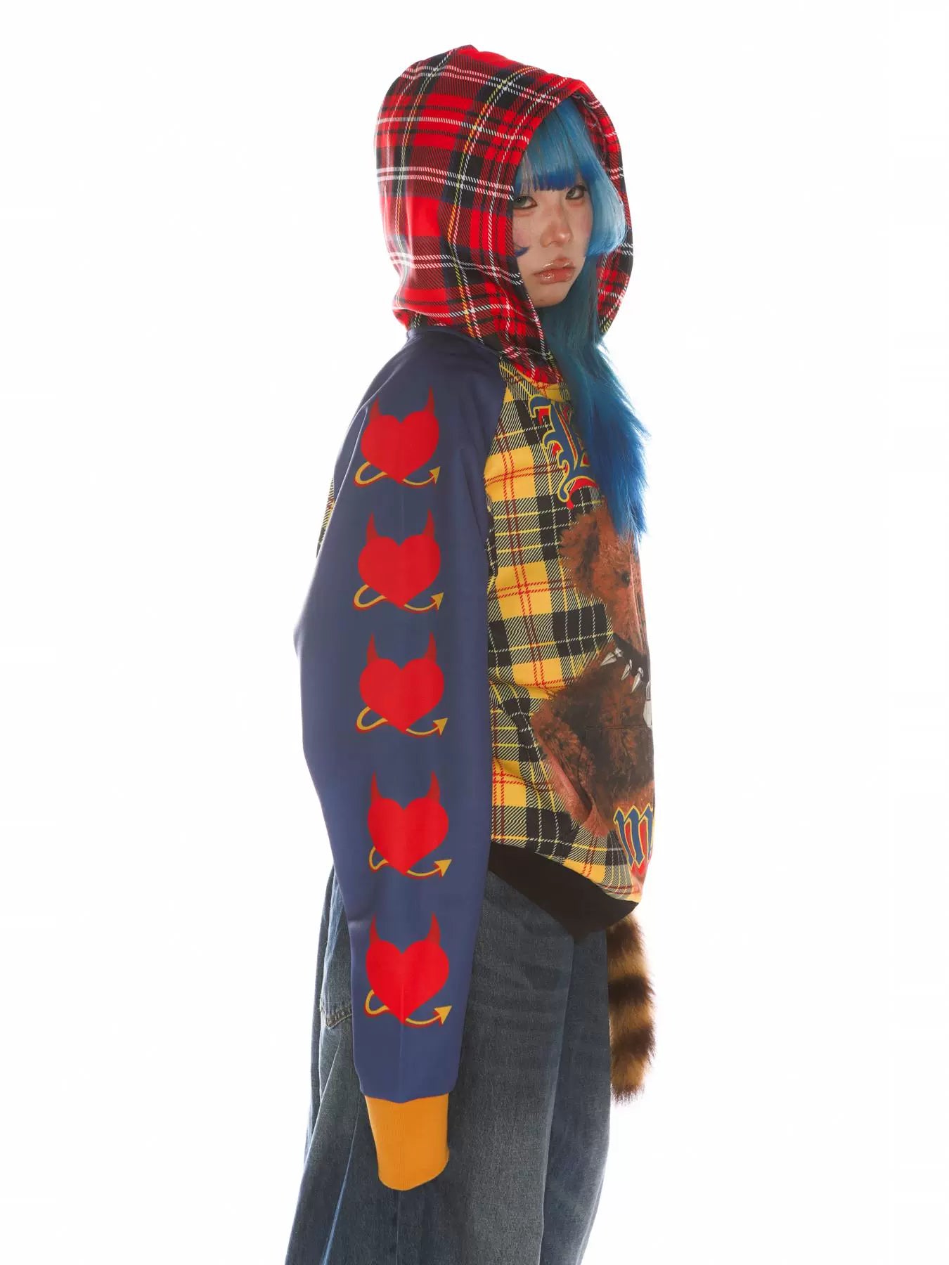 Bear Print Plaid Patch Hoodie WN22269