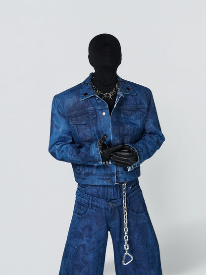 Wax Coated Short Denim Jacket & Wax Coated Wide Leg Denim Jeans Setup WN24308