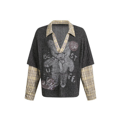 Fake Layered Plaid Sleeve Graphic Print Long Sleeve T-Shirt WN24484