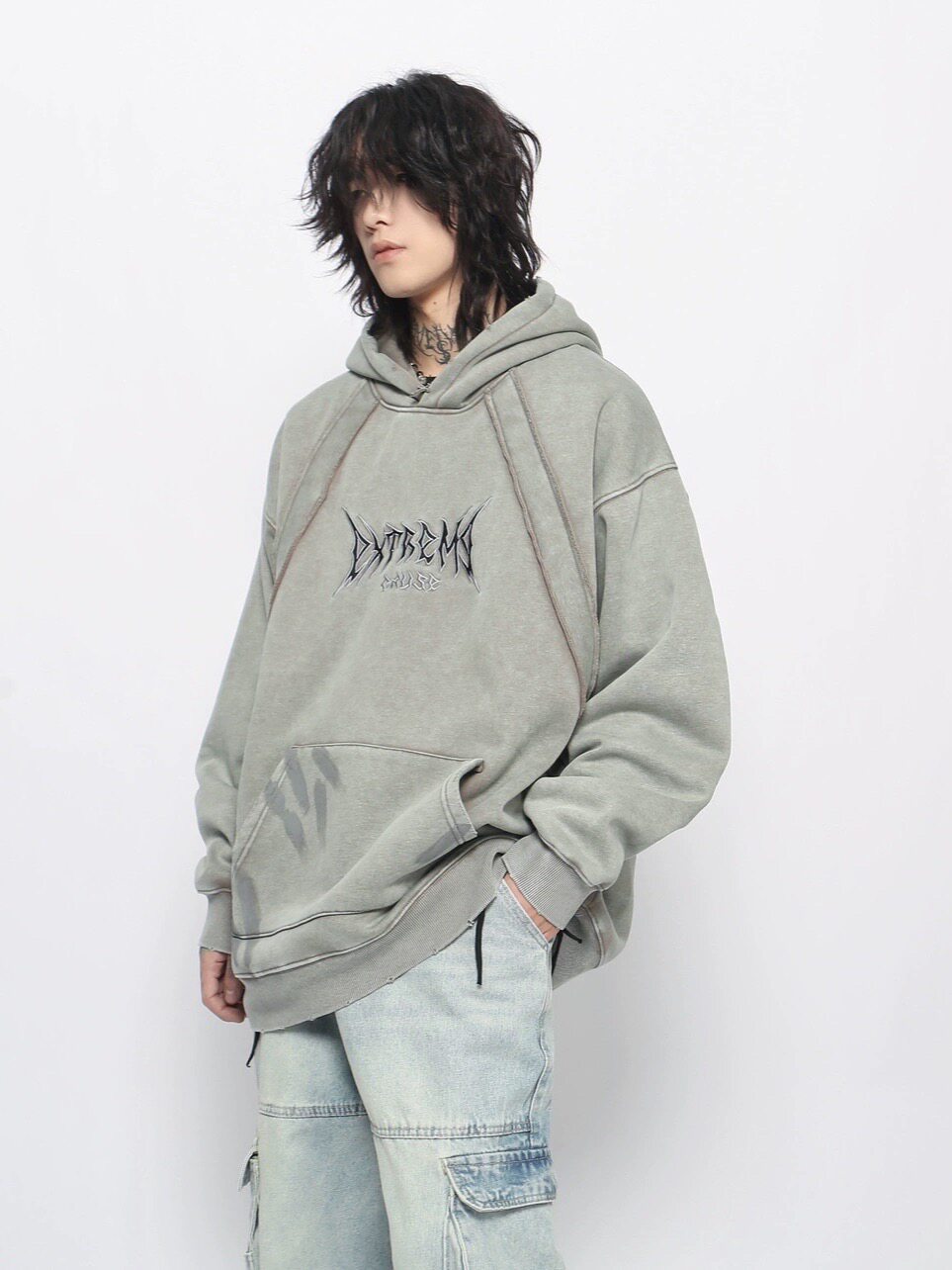 Graphic Print Patchwork Washed Oversize Pullover Hoodie WN24423