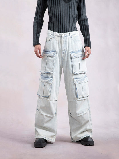 Washed Wide-Leg Cargo Denim Jeans WN9310