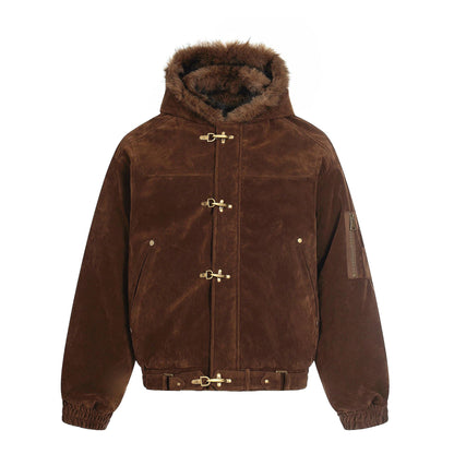 Hooded Fake Fur Collar Metal Buckle Jacket WN23092