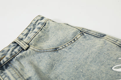 Washed Letter Print Wide Leg Denim Jeans WN25419