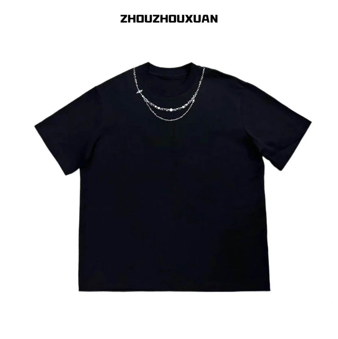 Rhinestone Pearl Necklace Print Short Sleeve T-Shirt WN20702