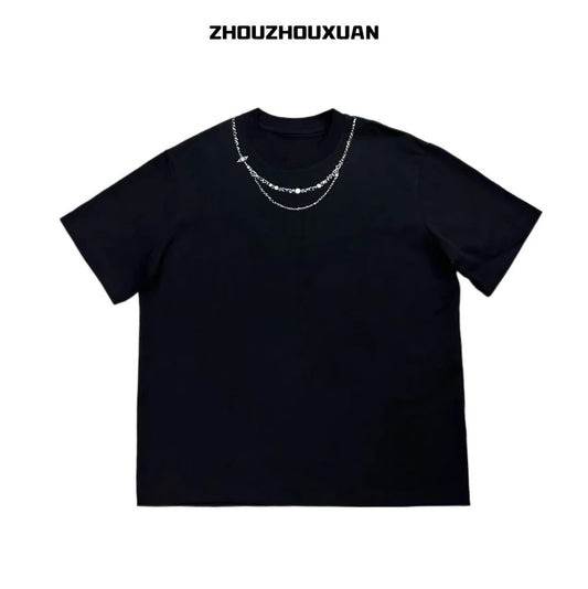 Rhinestone Pearl Necklace Print Short Sleeve T-Shirt WN20702