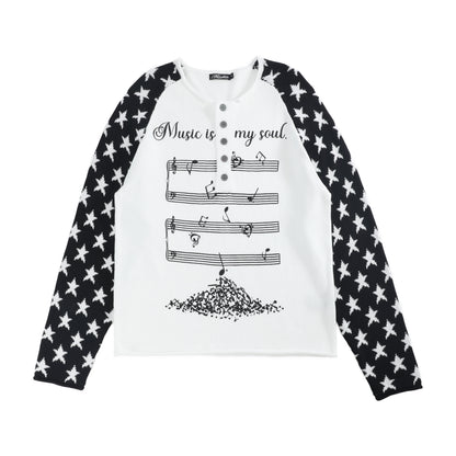Raglan Star Music Note Print Long Sleeve T-Shirt WN27213