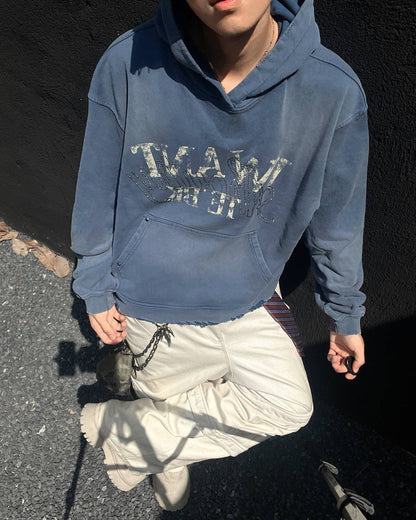 Washed Letter Rhinestone Design Damage Hoodie WN25384