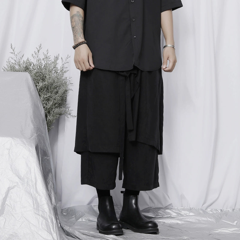 WN20142 China-Chic Brand Large Size Cropped Pants Men ins Retro Casual Asymmetrical Wide Leg Pants Draping Cropped Skirt Pants WN20142
