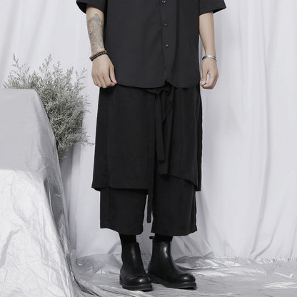 WN20142 China-Chic Brand Large Size Cropped Pants Men ins Retro Casual Asymmetrical Wide Leg Pants Draping Cropped Skirt Pants WN20142
