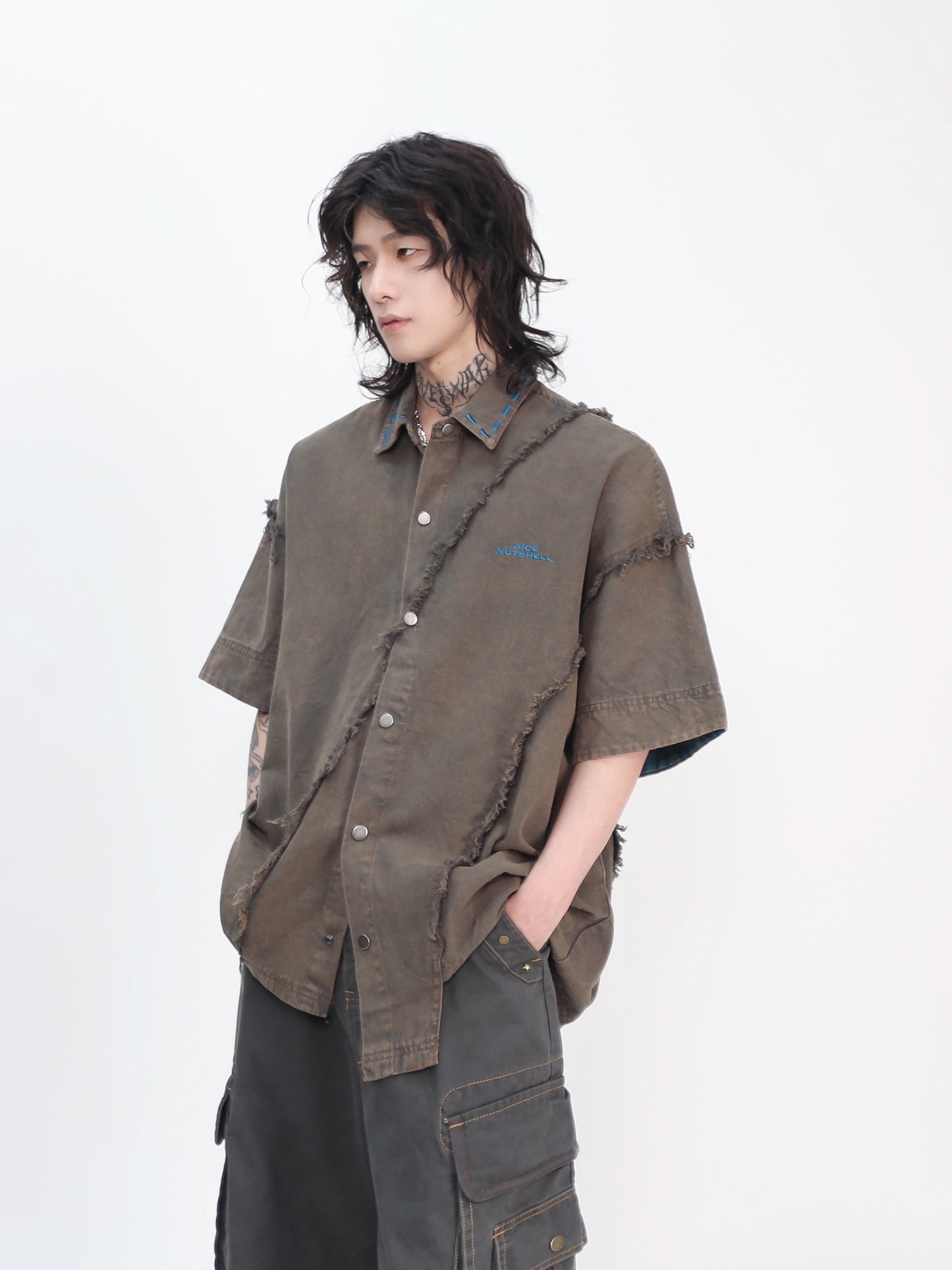 Washed Patchwork Damage Oversize Short Sleeve Shirt WN24432