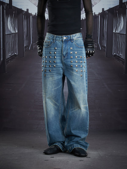 Heavy Metal Stud Whisker Wash Straight Denim Jeans WN22883