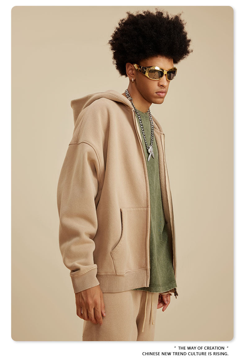 Oversize Fleece Lining Washed Zipper Hoodie & Pullover Hoodie & Pants Setup WN9925