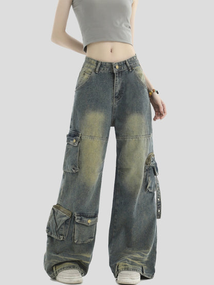 Multi Pocket Wide-Leg Straight Cargo Denim Jeans WN7213