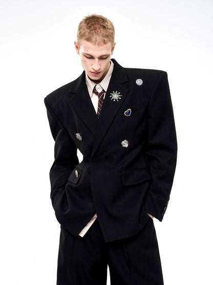 Shoulder-Pad Metal Brooch Tailored Jacket & Trousers Setup WN21796