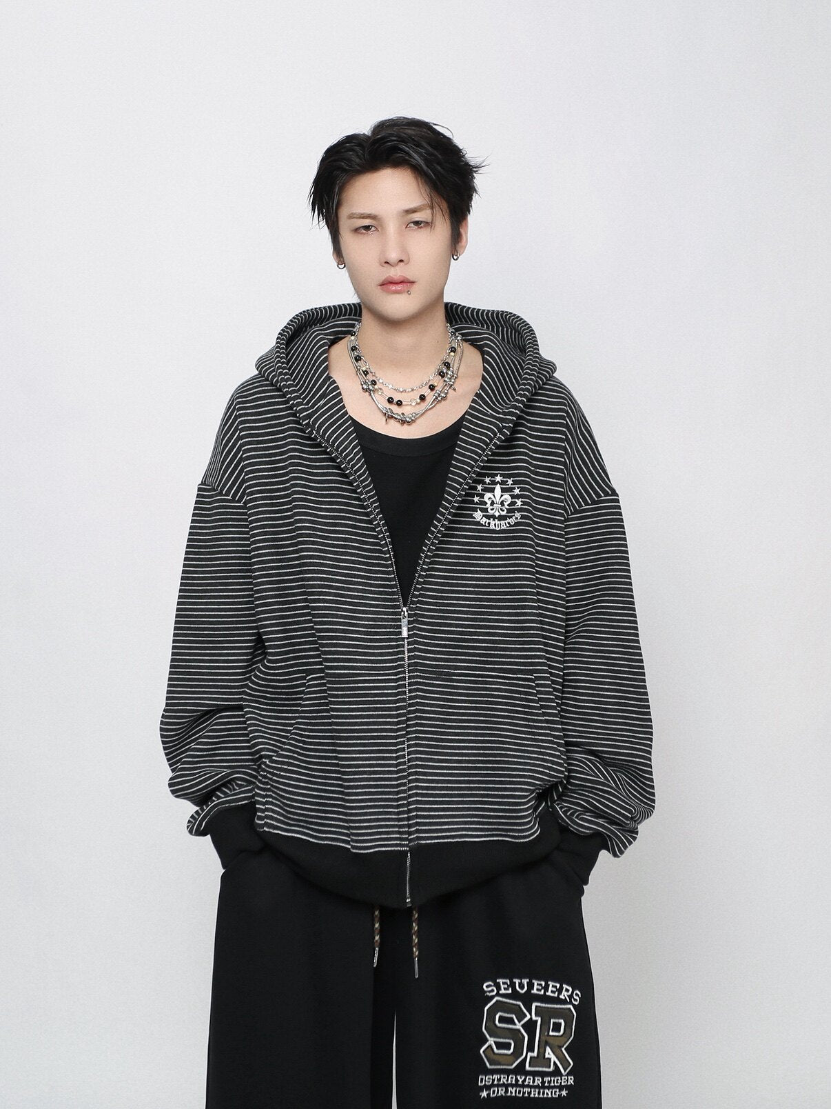Stripe Embroidery Oversize Zipper Hoodie WN24421