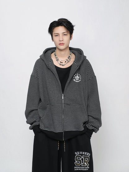 Stripe Embroidery Oversize Zipper Hoodie WN24421
