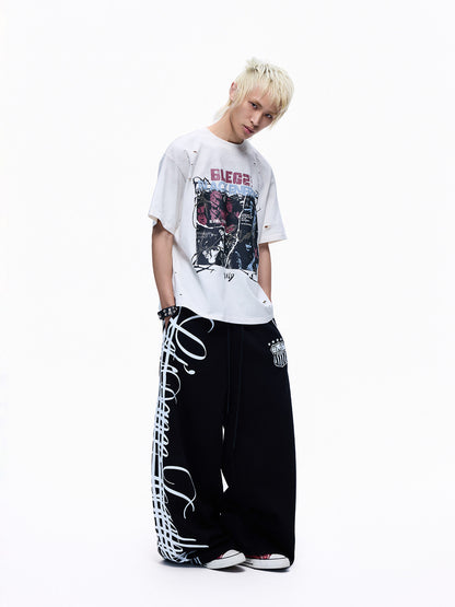 Ripped Wash Band Print Oversize Short Sleeve T-Shirt WN27360