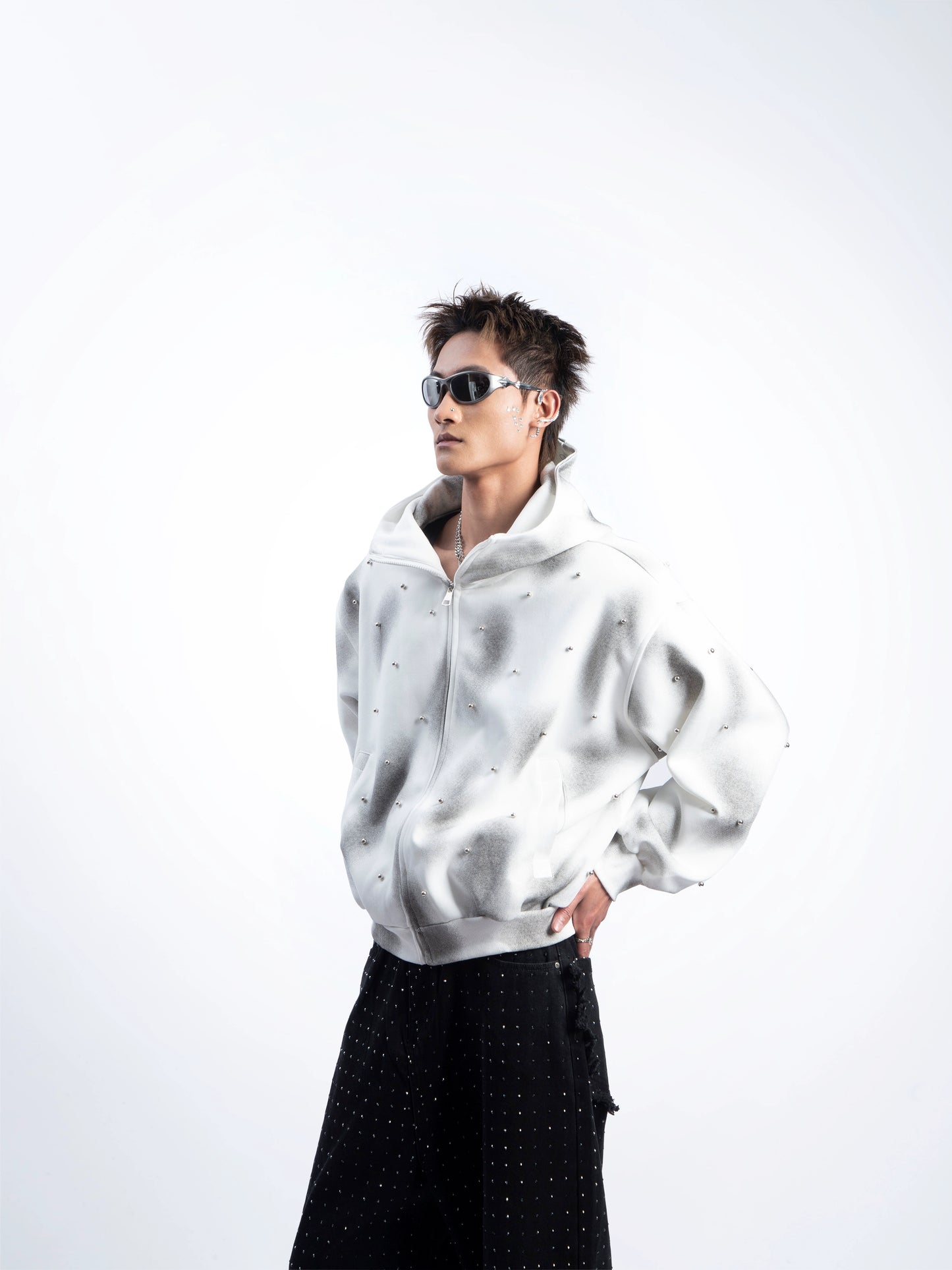 Washed Paint Print Zipper Hoodie WN20624