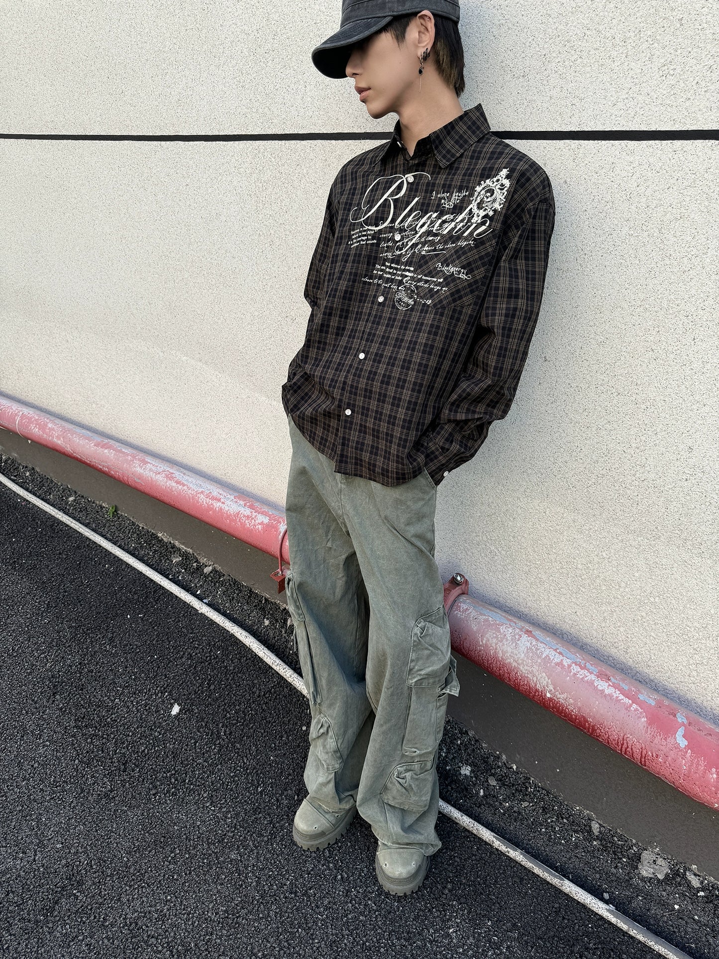 Letter Print Button Oversize Long Sleeve Shirt WN21152