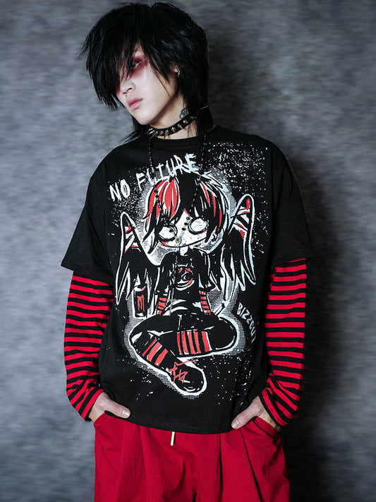 Graphic Print Oversize Fake Layered Long Sleeve T-Shirt WN15895