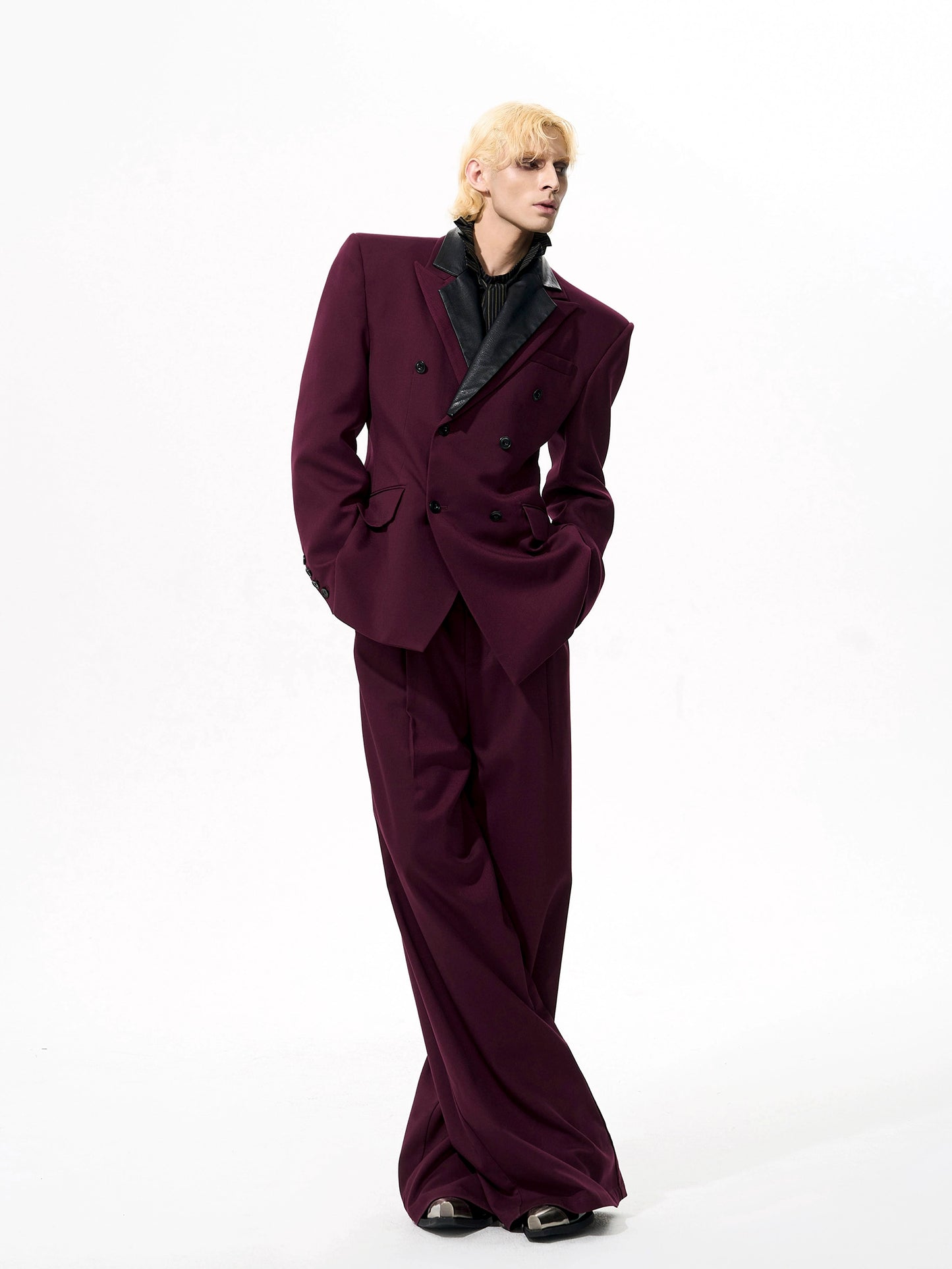 Detachable PU Leather Collar Wool Tailored Jacket & Straight Leg Pants Setup WN21772