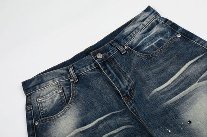Washed Paint Rhinestone Wide Leg Curved Denim Jeans WN25876